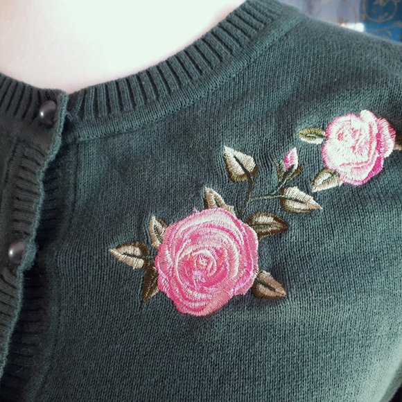Collectif Embroidered Green Short Cardigan Cottagecore Retro Pinup - Picture 2 of 5